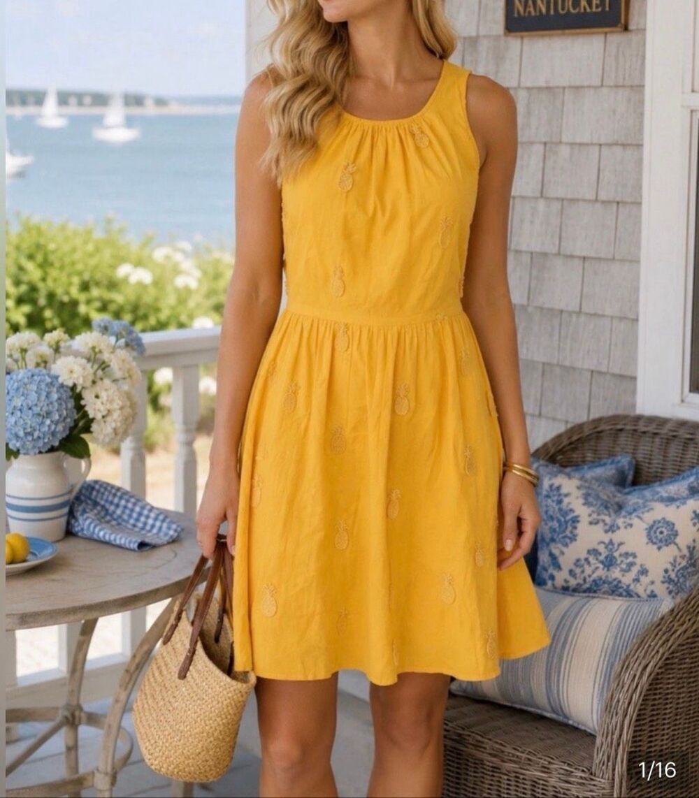 J. Crew cotton Yellow Pineapple Embroidered Fit & Flare Dress - Size 8